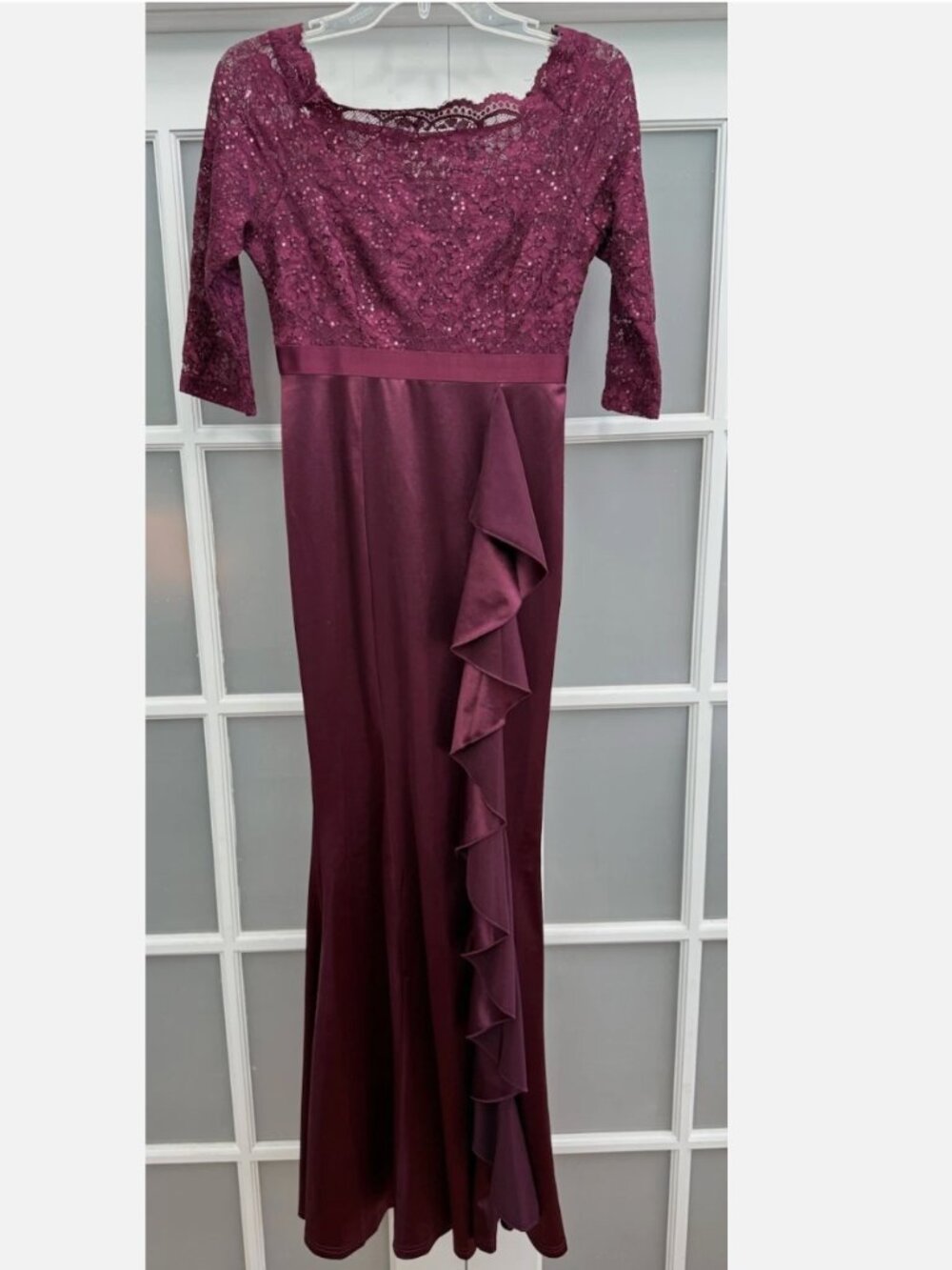 MISSMAY Women's Maroon Floral Lace Sequins Ruffle Evening Maxi Dress S ( 4-6) - Picture 3 of 14